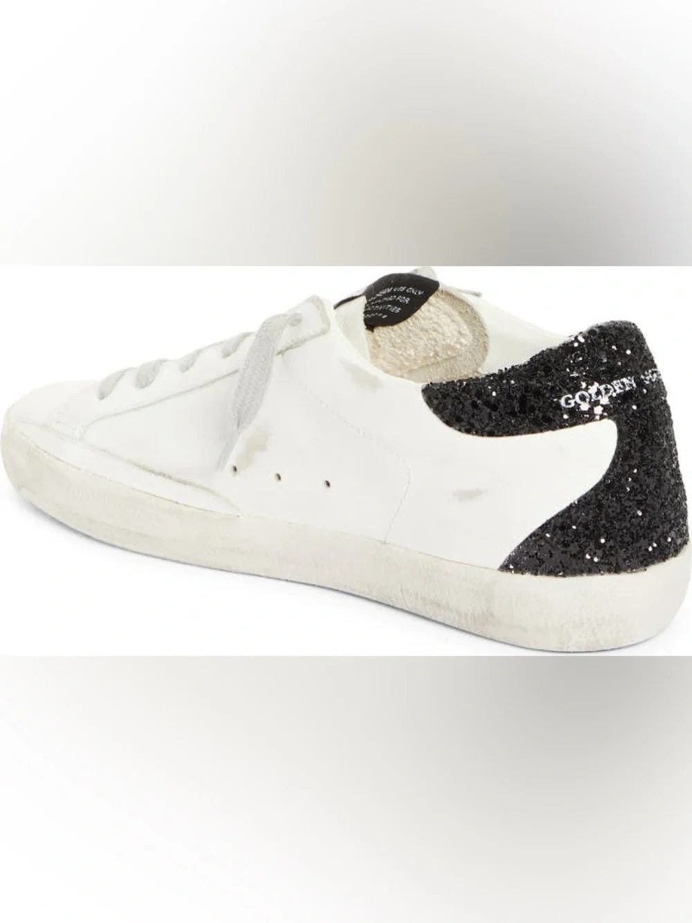 Golden Goose Super Star White Low-Top Sneaker with Beige Star and Black Glitter - Picture 2 of 11
